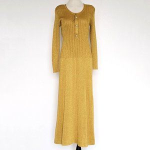 Vintage the Broadway Knit Gold Metallic Fit Flare Long Sleeve Maxi Dress